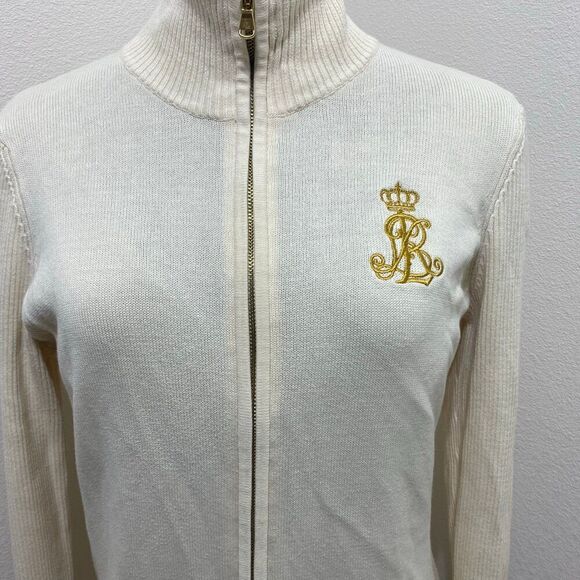 Lauren Ralph Lauren Gold Crest Creme Ribbed Knit Sweater Size Large - Picture 2 of 8
